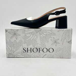 Black Women Retro Pointed Toe Slingback Sandals Comfortable Low Block Heel Pump